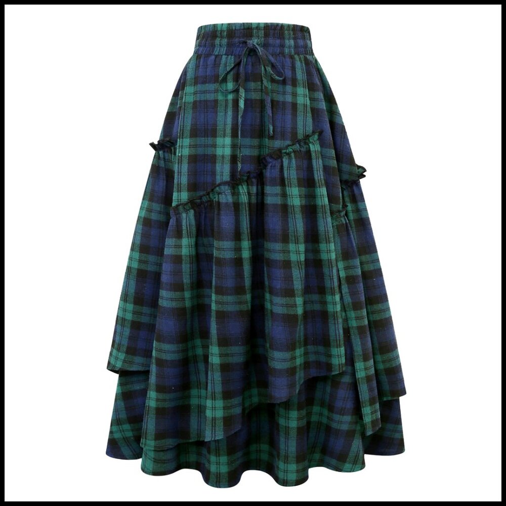 Long Plaid Maxi Skirt High Waisted A-Line with Pockets Renaissance Style